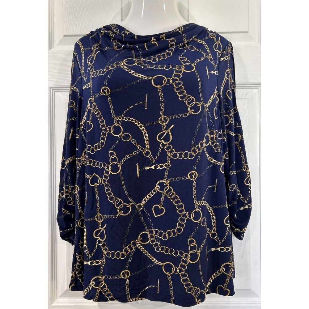 Susan Graver Stretch Knit Tunic Top Blouse Navy Blue Gold Chain Draped Neck L